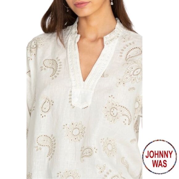 Johnny Was **NWT** Skyler Linen Top In Antique White With Mock Collar - Picture 2 of 11